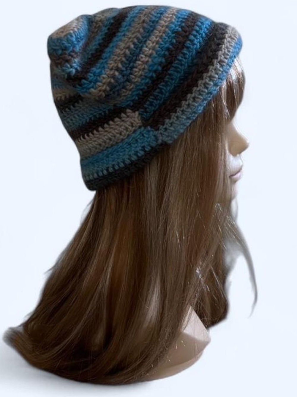 Handmade Blue and Brown Striped Crochet Cat Ear Beanie
